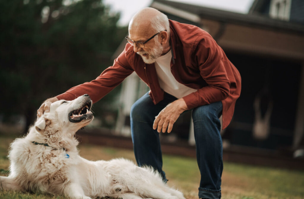 A happy senior man crouches to pet his dog.